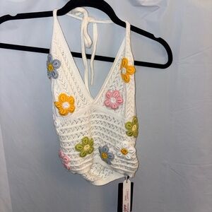 🌸3/$15 
White Crochet Halter Top with Floral Accents